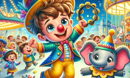 Un niño de 6 años, con cabello castaño desordenado y ojos brillantes de alegría, lleva un traje de payaso de colores vivos: una chaqueta azul brillante, pantalones amarillos y una gran nariz roja. Salta de felicidad, con una sonrisa radiante en su rostro, sosteniendo una pandereta colorida en sus pequeñas manos. A su lado, un elefante miniatura, con piel gris y un sombrero de paja adornado con flores multicolores, baila alegremente, con sus grandes orejas moviéndose al ritmo de la música. Un pequeño dragón de papel, con escamas brillantes, vuela a su alrededor, añadiendo un toque de magia a la escena. El decorado es una plaza de carnaval animada, llena de puestos decorados con guirnaldas luminosas, globos de colores flotando en el aire y gente sonriente con disfraces variados. Niños ríen y juegan alrededor, mientras un gran carrusel con caballos de chocolate gira lentamente en el fondo. La situación principal muestra al niño y sus amigos bailando y jugando juntos, rodeados de música y risas, celebrando la magia y la alegría del carnaval.