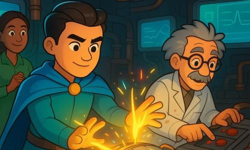Lumo, rond gezicht, zwarte naar achter gekamde haren, glanzende blauwe cape en turquoise strak pak, toont een vastberaden zachte blik en stuurt warme gele lichtstralen uit zijn handen naar een grote fonkelende machine; de oude professor Zigma (±70), warrig grijs haar, dikke bril en olie-gespoten witte jas, kijkt opgelucht en drukt rode knoppen op een bedieningspaneel rechts van Lumo; mevrouw Blom (±45), museumdirectrice met gevlochten bruin haar, groene jurk en badge, staat links op de achtergrond met samengevouwen handen en glinsterende ogen; het is een geheim laboratorium onder een museum met metalen platen, gepolijste koperen buizen, blauwe en groene schermen, verwarde kabels, neonlicht en een ronde centrale machine met glinsterende glyphen; hoofdactie: Lumo en de professor herstellen een oververhitte magische machine, kleurrijke vonken spatten en Lumo's kalmerende licht stabiliseert de circuits terwijl de directrice opgelucht toekijkt.