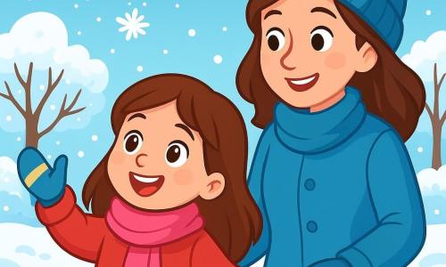 Una bambina di 6 anni, Anna, con lunghi capelli castani e guance rosa, è in piedi in un giardino innevato, con gli occhi brillanti di gioia e meraviglia. Indossa un grande cappotto rosso, una sciarpa morbida e guanti colorati, e tende la mano per prendere un fiocco di neve che cade dolcemente. Accanto a lei, sua madre, una donna di circa 30 anni con capelli castani e un sorriso caloroso, la guarda con tenerezza mentre indossa un cappotto blu e un berretto di lana. Tiene la mano di Anna, condividendo un momento di complicità. Il giardino è coperto da uno spesso strato di neve brillante, con alberi le cui branche sono cariche di fiocchi scintillanti, e il cielo è di un blu chiaro punteggiato di nuvole bianche. La scena principale mostra Anna e sua madre che scoprono la magia dell'inverno, circondate dalla neve, pronte a giocare e a creare ricordi indimenticabili insieme.