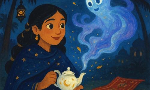 La protagonista es una mujer de ojos curiosos y sonrisa dulce, cabello negro trenzado con cintas doradas, con un chal de seda azul noche bordado de estrellas; sostiene una pequeña tetera de porcelana blanca decorada con lunas y vierte té cuya vapor forma remolinos plateados. Un genio translúcido y luminoso, no humano, surge de la tetera en una nube azul y violeta, con grandes ojos brillantes y manto de niebla, flotando frente a ella con expresión maravillada. En segundo plano, una pequeña alfombra voladora plegada sobre la hierba con motivos rojos y dorados sugiere partida inminente. El lugar es un jardín nocturno de Las Mil y Una Noches: mosaicos, palmeras en silueta, faroles metálicos que proyectan sombras, tejados de terracota y una gran luna llena. La escena principal muestra a la mujer de pie en un círculo de luz, la tetera abierta de la que sale el genio en vapor brillante, el aire cargado de especias (canela, cardamomo) y pétalos dorados que giran; escena mágica, cálida, llena de curiosidad y amabilidad.
