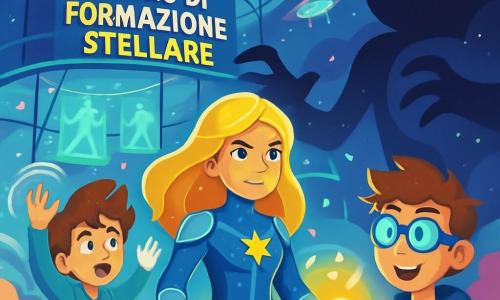 Luminara, una giovane donna dai capelli dorati scintillanti, si trova al centro della scena, il suo volto radioso di una determinazione luminosa. Indossa un costume futuristico blu e argentato, decorato con motivi stellati, e le sue mani brillano di un'energia luminosa, pronte a combattere l'ombra. Accanto a lei, Tempest, un ragazzo di circa 12 anni con capelli arruffati e occhi azzurri, solleva le braccia per evocare raffiche di vento, con un'espressione concentrata e audace. Gearboy, un altro ragazzo di 11 anni con occhiali tecnologici e un sorriso malizioso, regola un gadget brillante nella sua mano, pronto ad aiutare Luminara. La scena si svolge nel Centro di Formazione Stellare, una gigantesca struttura galleggiante con pareti di vetro trasparente, circondata da nuvole colorate e viali volanti. Luci scintillanti illuminano l'interno, mentre ologrammi di supereroi fluttuano intorno a loro. La situazione principale mostra Luminara e i suoi amici di fronte a Ombrax, una silhouette oscura e minacciosa che assorbe la luce circostante, creando un'atmosfera tesa e drammatica. I bagliori di luce di Luminara contrastano con l'ombra di Ombrax, simboleggiando la lotta tra il bene e il male.