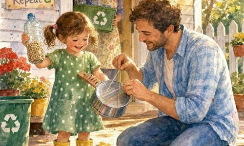 A joyful, focused 4-year-old girl with brown pigtails, rosy cheeks, yellow rain boots and a green polka-dot dress holds a plastic bottle filled with beans and a jar turned into a small guitar with rubber bands; she shakes the bottle and plucks the bands with a smile. A softly protective father in his early 30s with light stubble and a light blue plaid shirt sits on the porch step to her right, proudly helping stretch a rubber band on the jar. A mother in her 30s with tied chestnut hair and a floral apron stands in the doorway in the background, smiling and holding a clean recycling box. The scene is a small wooden porch bathed in evening light with sun stripes, red and yellow flower pots, a green recycling bin to the left and a white wooden fence; the floor shows watercolor-like stains and light leaves. The moment highlights making recycled instruments—a shiny rain bottle with grains and a handmade jar guitar—small active hands, a gentle eco-friendly atmosphere, warm pastel colors and visible watercolor textures with controlled splashes around the edges.