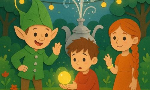 A mischievous, round‑faced little elf named Pip in a green buttoned jacket and leaf hat holds his hat as a thin ribbon of light lands on it; Milo, a 7–8‑year‑old boy with tousled hair and slightly oversized shining boots, looks awed and shy while holding a small yellow glowing bubble by a steaming silver teapot‑shaped fountain; Juniper, a 7–8‑year‑old girl with a confident smile and red braid and a sparkling fizz‑ribbon bracelet, stands beside him reaching toward the bubble; they are in a bright glade with luminous green moss, garlands of yellow lights, tiny vivid flowers, sparkling water jets and floating rainbow bubbles as the wish bubble rises and gently bursts, releasing a ribbon of glittery powder that crowns Milo — a scene of wonder, soft movement, vivid colors and paper‑cut textures.