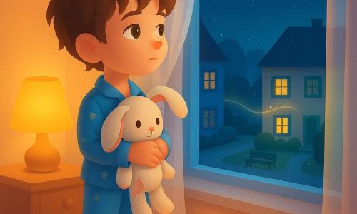One character: Sammy — a 6-year-old boy with messy brown hair and hazel eyes, standing on tiptoe at an open window in blue starry pajamas, clutching a white rabbit comforter with pink-edged trim, a drooping ear and a small repaired seam, looking outside; setting: a cozy child's bedroom with cream walls, low shelves of colorful books, a yellow bedside lamp casting a soft glow and light curtains drawn aside to an open window onto a quiet street where two houses—one with blue shutters, one with green—are separated by a small garden and a park bench and linked by a thin imagined ribbon of light; scene: calm, poetic night with visible breath in the cool air, a slight breeze lifting the curtains, warm interior light contrasting with a deep blue starry sky, Sammy appearing pensive yet reassured.