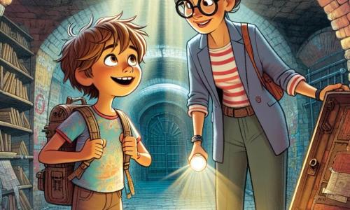 Um jovem garoto chamado Lucas, com cerca de 10 anos, está no centro da imagem, com os olhos brilhando de curiosidade e excitação. Ele tem cabelos castanhos bagunçados, uma camiseta colorida e uma pequena mochila cheia de ferramentas de exploração. Ele observa maravilhado uma antiga escotilha de ferro, prestes a ser aberta, com o rosto iluminado pela luz que entra pelo teto quebrado. Ao seu lado, uma mulher chamada Sofia, com cerca de 40 anos, se inclina levemente para frente, com os óculos escorregando pelo nariz. Ela tem cabelos grisalhos presos em um coque e usa um jaleco de bibliotecária. Ela segura uma lanterna, iluminando o caminho à frente, e exibe um sorriso encorajador, pronta para compartilhar seus conhecimentos. O cenário é uma sala subterrânea misteriosa, com paredes de tijolos antigos cobertas de grafites coloridos e murais históricos. Livros empoeirados e artefatos esquecidos estão espalhados ao redor, enquanto uma luz suave ilumina o ambiente, criando uma atmosfera de aventura e descoberta. A situação principal mostra Lucas e Sofia se preparando para abrir a escotilha, ansiosos para descobrir os segredos escondidos abaixo, com seu entusiasmo palpável enquanto se preparam para mergulhar em um mundo de histórias esquecidas.