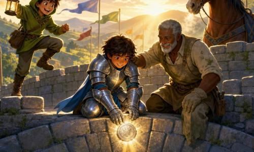 A young determined knight, Sir Cedric, kneels on a bridge stone sealing a glittering silver medal into the keystone; Master Thalwin, a smiling sixty-year-old stonemason with a short gray beard and lime-stained clothes, rests a hand on the knight’s shoulder to the right; Pip, a ten-year-old forest boy in a green hood with messy brown hair, laughs and hops on a nearby stone to the left holding a small lit lantern; the bay horse Ashen stands near the parapet exhaling steam; the setting is a massive ancient stone bridge over a rushing river with green hills and fluttering flags under a golden morning sky, a triumphant sunlit moment as the keystone is sealed and dusty stones glow in shared relief.