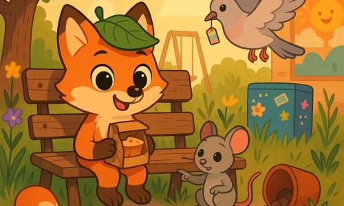 Sunny, a small bright orange fox with big shiny eyes, beams and wears a green leaf hat while holding a brown paper bag with a visible cake and looking like a curious young detective; Milo, a tiny gray mouse with fine whiskers, sits beside Sunny on a stone, eyes sparkling, holding a blue thread and pointing at a trail of crumbs; Penny, a pastel pigeon (pale gray with touches of pink), hovers above the bench, coquettish, holding a small colorful tag in her beak; Beetle, an emerald beetle, crawls near an overturned flowerpot, rolling a tiny sparkling marble toward the group. The setting is a vacant lot turned secret corner: tall grass dotted with yellow and purple wildflowers, an old wooden bench under a large leafy tree, a rusty swing and a blue metal box covered in stickers, with a cheerful bakery mural in the background. The main scene shows the friends gathered around the bench at golden dusk, following a line of crumbs toward the bag—warm, collaborative mood, saturated colors, crisp outlines, simple expressive vector style with readable faces and clear gestures.