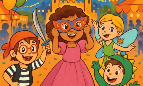 There are 4 children: Mia, a 10-year-old girl with curly brown hair and sparkling eyes, wearing a shimmering pink princess dress and golden shoes, stands in the center, smiling and full of energy. Leo, a 10-year-old boy with messy brown hair and round glasses, is dressed as a pirate in a red bandana and a black-and-white striped shirt, slightly forward to the left, holding a plastic sword. Zara, a 9-year-old girl with braided blonde hair and bright blue eyes, is dressed as a fairy in a green dress with sparkling wings, positioned gracefully to the right of Mia. Max, a 10-year-old boy with brown hair and freckles, is dressed as a dragon in a green costume with scales and a tail, slightly back to the right, making a dragon gesture with his arms. The setting is a vibrant carnival filled with bright colors, food stands, twinkling lights, floating balloons, and festive decorations. People are laughing and dancing around them, while a large papier-mâché castle is illuminated by string lights in the background. The main scene shows the four friends preparing a magic show for the carnival, laughing together with joyful expressions, as Mia wears a colorful mask, Leo acts silly, Zara dances with her wings, and Max mimics a roaring dragon.