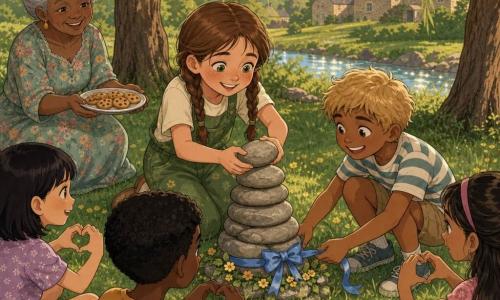 An 8-year-old girl with a freckled face, brown hair in two tied braids, sparkling green eyes and a joyful, proud expression places a small smooth round stone atop a stacked rock tower; an about-8-year-old boy (Benny) with tousled blond hair and a striped T-shirt crouches to her right offering a blue ribbon to decorate the tower’s base; an elderly woman (~70) with gray hair in a bun and a floral dress stands slightly back at the left edge holding a plate of cookies; setting: a grassy clearing by a shimmering stream with three weeping willows, green grass dotted with small yellow flowers and distant stone houses under a soft late-afternoon sky; main scene: several children circle the small stone tower, the special stone balanced on top, a blue ribbon at the base, and all the children show small hands forming a heart as a sign of sharing.