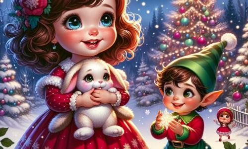 A one-year-old girl with bright big eyes and curly brown hair smiles in wonder while holding her soft bunny. She is wearing a pretty red dress with snowflake patterns, standing in front of a large Christmas tree decorated with sparkling garlands and colorful baubles. Next to her is a little elf named Jingle, about five years old, with pointed ears and a green hat, jumping with joy. He wears a red and green costume and holds a shiny star in his small hands, looking at the girl with admiration. The scene takes place in a snowy forest, where snowflakes gently fall, and the trees are covered in a thick layer of sparkling snow. Christmas lights illuminate the surroundings, creating a magical atmosphere. The main focus shows Lily and Jingle, both smiling, celebrating the discovery of the Christmas star, surrounded by winter beauty, ready to bring the magic of Christmas home.