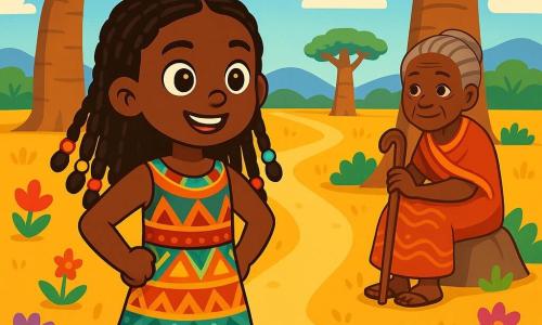 Zolani, o fetiță africană de doisprezece ani, stă curajos în centrul imaginii. Are părul lung și creț, împodobit cu mărgele colorate, un zâmbet hotărât pe față și poartă o rochie tradițională dintr-un material vibrant cu motive geometrice. Ochii ei strălucesc de entuziasm și curiozitate în timp ce privește calea din fața ei. În dreapta ei, Mama Mua, o femeie în vârstă de șaptezeci de ani, stă la umbra unui baobab măreț. Are părul gri împletit și poartă o rochie din pânză cu culori calde. Fața ei exprimă înțelepciune și dragoste, iar ea ține un băț din lemn sculptat, privind-o pe Zolani cu mândrie. Decorul este o savană aurie, presărată cu baobabi impunători și flori colorate. Cerul este de un albastru strălucitor, presărat cu nori albi pufoși. La distanță, se văd dealuri ondulate scăldate în lumina soarelui. Zolani se află în fața unei răscruci misterioase, unde trei căi se separă. Ezită o clipă, inima îi bate de emoție și teamă, pregătită să aleagă una dintre căi pentru a porni în căutarea prețioasei Comoara Înțelepciunii.