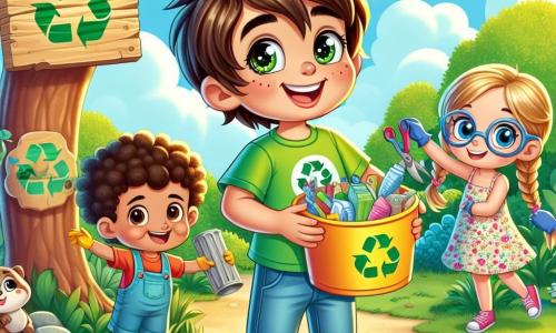 Un niño de 5 años, llamado Tito, con grandes ojos brillantes y cabello castaño desordenado, sonríe alegremente mientras sostiene un gran contenedor de reciclaje. Lleva una camiseta verde brillante con un dibujo de un árbol y un short de mezclilla, mostrando su entusiasmo por proteger la naturaleza. A su lado, Sara, una niña de 6 años con trenzas rubias y un vestido de flores, cuelga un bonito cartel de madera que dice "Recicla para un mundo mejor". Juan, un niño de 7 años con gafas y una camiseta roja, recoge basura con guantes de colores, sonriendo a Tito y listo para ayudar en su misión ecológica. El lugar es un jardín verde, lleno de flores coloridas, árboles frutales y pequeños animales curiosos. La situación principal muestra a Tito y sus amigos trabajando juntos para limpiar el jardín y concienciar a otros sobre la importancia del reciclaje, mientras se divierten y comparten risas.