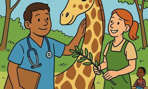 Lucas, homem de ~28 anos, rosto arredondado e sorriso suave, cabelos curtos castanhos, veste jaleco azul de veterinário com estetoscópio no pescoço e pasta na mão, acaricia o pescoço da girafa com atenção; Marta, mulher de ~35 anos, pele clara e cabelo ruivo preso em rabo, usa botas e macacão verde, segura um ramo de acácias ao lado da girafa, sorriso; Amélia, a girafa, alta e elegante, pelagem amarelada com manchas castanhas, olhos grandes e cílios longos, inclina a cabeça confiante; fundo: recinto de zoo claro com grama, árvores finas, cerca de madeira, flamingos perto de um lago e crianças ao longe; cena principal: veterinário examinando e afagando a girafa enquanto a tratadora lhe oferece folhas, atmosfera calorosa, cores vivas e traços nítidos.