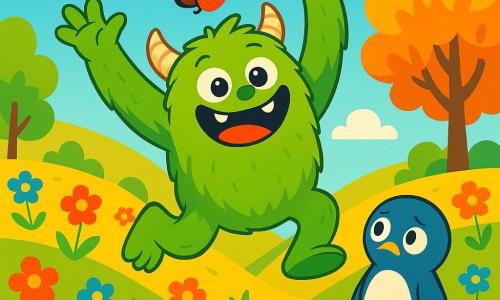 Grumpie, een grote harige monster met een felgroene huid en grote ronde nieuwsgierige ogen, heeft een blije en enthousiaste glimlach. Hij springt van blijdschap met zijn armen omhoog, omringd door felle kleuren. Naast hem staat Pipo, een kleine blauwe pinguïn met een witte buik en een triest gezicht, die Grumpie bewonderend aankijkt met zijn hoofd iets gekanteld. Lila, een kleine rode lieveheersbeestje met zwarte stippen, vliegt vrolijk om hen heen, haar glinsterende vleugels vangen het zonlicht. De scène speelt zich af in de Glimlachende Heuvels, een betoverend landschap vol golvende heuvels bedekt met kleurrijke bloemen die dansen in de wind, en bomen met stralende bladeren. In de verte weerklinken het gelach en gezang van andere monsters in de lucht, wat bijdraagt aan de feestelijke sfeer. De hoofdscène toont Grumpie en zijn vrienden die de magie van Pipo vieren, met gelach en felle kleuren, wat het belang van vriendschap en gedeelde vreugde illustreert.