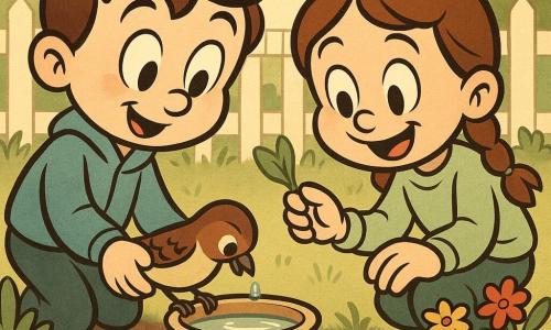 Hay cuatro personajes: un niño de unos 8 años, pelo castaño corto, ojos curiosos, con chaqueta azul claro, a la izquierda sosteniendo un pequeño cuenco de agua; una niña de unos 8 años, pelo castaño en dos trenzas, con sudadera verde pálido, a la derecha, agachada mostrando delicadamente una hoja; un gorrión pequeño de plumaje marrón y beige posado en el borde del cuenco bebiendo; y un caracol de concha beige espiral sobre una piedra en primer plano. En un pequeño jardín matutino de casa con tierra húmeda, macetas de colores y una valla blanca detrás, los niños protegen y observan la naturaleza: miran atentamente al pájaro que bebe en el cuenco, con una atmósfera suave y luminosa, colores pastel y rayos de sol dorados.