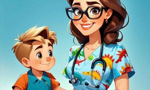 Dr. Maya, a smiling woman with curly brown hair and round glasses, wears colorful scrubs decorated with small dinosaurs. She stands confidently with a stethoscope around her neck, examining a young boy named Tommy, who is about 8 years old and sitting on an examination table. Tommy has messy blonde hair and a worried look, but he starts to smile as he listens to Dr. Maya. The scene takes place in a bright hospital examination room with light blue walls, health education posters, and colorful toys scattered on a shelf. Sunlight filters through a window, creating a warm and welcoming atmosphere. The main situation shows Dr. Maya reassuring Tommy after he hurt himself skateboarding, holding his hand compassionately while telling him a funny story to ease his fears.