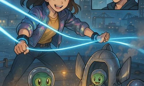 Zyra, jonge vrouw, vastberaden glimlach, glanzend jack met veranderende reflecties en twee zwarte-zilveren lichtringen om haar polsen die blauwe lichtbogen uitstralen; ze strekt haar armen om lichtlinten te spannen die een landende capsule stabiliseren. Kex, compact buitenaards wezen, niet-humanoid, doorzichtige helm, ogen van groen naar goud, houdt een klein zwart schijfje en kijkt opgelucht vanuit de opening van de capsule achter de uitrijplaat. Yaro, jonge man (~20), warrig haar, amusant maar geconcentreerd, zichtbaar op een zwevend scherm of via oortje, geeft Zyra instructies. Een snorrenbewaker (~40) staat opzij met glanzende helm, duim omhoog, verrast en bewonderend. Locatie: groot rond landingsplatform aan een industriële haven 's nachts, pulserende ronde lampen in de vloer, lichte nevel boven het water, kranen en metalen magazijnen tegen een staalblauwe lucht. De zilveren capsule met vinvormige kleppen staat in het midden, omgeven door lichte rook en vonken. Sfeer gespannen maar geruststellend, contrasterende kleuren: elektrisch blauw, warme gouden lampen, metalen reflecties en regendruppels.