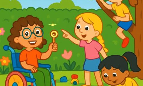 Er zijn 4 kinderen: - Emma: een 8-jarig meisje met krullend bruin haar en een ronde bril. Ze zit in een mooie gekleurde rolstoel, glimlachend en vol energie. - Noor: een 7-jarig meisje met lange gevlochten blonde haren en een roze T-shirt. Ze staat naast Emma en wijst naar een glanzend voorwerp in de haag. - Lotte: een 8-jarig meisje met kastanjebruin haar en sproeten op haar gezicht. Ze klimt op een tak van een boom en kijkt naar de lucht. - Sara: een 7-jarig meisje met zwart haar in een paardenstaart en een blauwe short. Ze zit op haar hurken bij het zand en krabt met haar handen in de grond. De locatie is een mooie zonnige tuin, vol met kleurrijke bloemen, groene bomen en een grote haag. In het midden is er een groot zandgebied, omringd door verspreid liggend speelgoed en een oude houten kist. De belangrijkste situatie toont de kinderen die op onderzoek zijn, op zoek naar hun verdwenen speelgoed. Emma glimlacht terwijl ze een glanzende sleutel vasthoudt, Noor wijst naar de haag, Lotte kijkt in de boom en Sara krabt enthousiast in het zand. De sfeer is vrolijk en vol mysterie, met felle kleuren en nieuwsgierige gezichten.