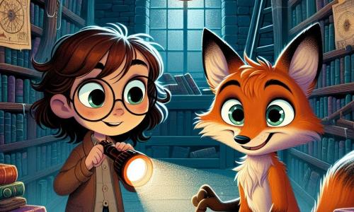 Al centro dell'immagine, Leo, una volpe astuta con occhi scintillanti e pelliccia rossa brillante, sta rovistando in una vecchia biblioteca polverosa, con un'espressione piena di curiosità ed eccitazione. Accanto a lui, Emma, una ragazza dai capelli castani e ricci, tiene una torcia e mostra un sorriso determinato, mentre Marco, un ragazzo con occhiali rotondi e capelli castani, sfoglia un libro antico con un'espressione concentrata, entrambi guardando Leo con entusiasmo. La biblioteca è piena di libri dalle copertine colorate, mappe antiche appese alle pareti e scaffali in legno scuro, creando un'atmosfera misteriosa e magica. Ragnatele pendono negli angoli e la luce della luna filtra attraverso una finestra polverosa, aggiungendo un tocco di mistero alla scena. In questa illustrazione, Leo, Emma e Marco sono in piena indagine, cercando indizi su un tesoro nascosto, mentre ombre danzano intorno a loro, suggerendo che segreti antichi aspettano di essere scoperti.