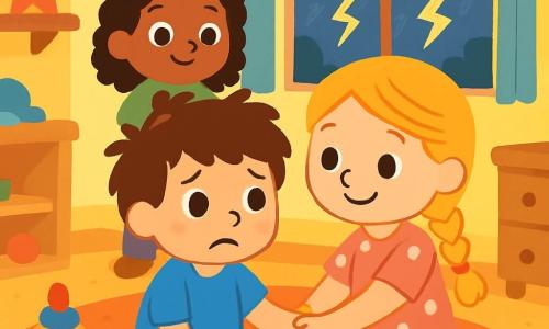 Há 3 personagens: - Tomás: um menino de 5 anos, com cabelos castanhos bagunçados e olhos redondos e curiosos. Ele usa uma camiseta azul e um short amarelo. Está sentado no chão, com as pernas cruzadas, com uma expressão preocupada no rosto. - Lara: uma menina de 6 anos, com longos cabelos loiros trançados e um sorriso reconfortante. Ela veste um vestido rosa com bolinhas brancas. Está ao lado de Tomás, segurando sua mão para tranquilizá-lo. - Rita: uma menina de 5 anos, com cabelos cacheados e um ursinho de pelúcia nos braços. Ela usa uma camiseta verde e uma calça roxa. Está logo atrás de Tomás e Lara, olhando para eles com olhos cheios de ternura. O local é um quarto infantil acolhedor, com paredes pintadas de amarelo pastel. Há brinquedos espalhados pelo chão, um tapete macio e uma janela onde se vê relâmpagos iluminando o céu escuro e tempestuoso do lado de fora. A situação principal mostra Tomás, Lara e Rita juntos, de mãos dadas e sorrindo, apesar do barulho do trovão ao longe. Eles estão juntos, prontos para enfrentar seu medo, cercados por uma atmosfera suave e reconfortante.