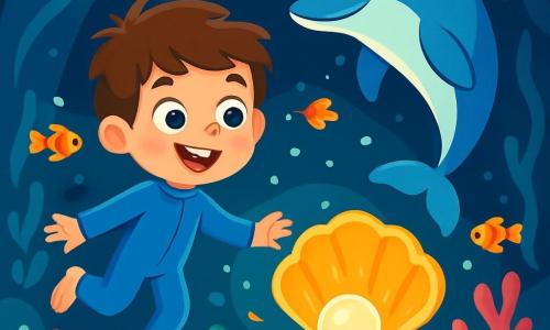 Un ragazzo di 6 anni, con capelli castani e occhi pieni di curiosità, indossa una muta da sub blu. Nuota felicemente nell'acqua, un grande sorriso illumina il suo viso, meravigliato dalla bellezza sottomarina che lo circonda. Accanto a lui, un delfino maestoso, con squame brillanti e pinne eleganti, fa salti agili, sembrando invitare il ragazzo a seguirlo. Lo scenario è una caverna sottomarina magica, con coralli colorati a forma di fiori, pesci scintillanti che nuotano intorno a loro, e una luce dorata che emana da una conchiglia gigante sul fondo della grotta. La scena principale mostra il ragazzo e il delfino che scoprono insieme la perla magica all'interno della conchiglia, catturati dalla sua bellezza splendente.