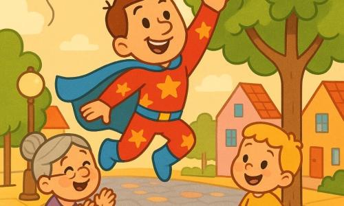 Un hombre superhéroe sonriente y bondadoso, pelo corto castaño, gran capa azul, traje rojo con estrellas amarillas y zapatos luminosos, salta para alcanzar una pelota en un árbol; la señora Gata, mujer pequeña de cabello gris en moño y vestido de flores, aplaude alegre al pie del árbol mirando al héroe; un niño de unos 4 años con peluche de pato llamado Paco, pelo rubio y ropa amarilla, sostiene un carrito rojo junto al héroe; calle urbana colorida con suelo empedrado, casas pastel, farolas redondas, árboles de follaje redondo y un globo flotando; escena principal: el héroe recupera la pelota mientras la anciana aplaude y el niño sonríe, luz suave de tarde, ambiente alegre y seguro; estilo: colores vivos, contornos gruesos, expresiones exageradas, texturas simples y formas redondeadas, composición centrada en el héroe en acción.