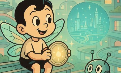 A round-faced, expressive winged child (small mechanical angel) with stained-glass translucent wings, a curious smile and bright eyes sits on a tiled balcony holding a glowing metal circle-map; a small talking flat shiny metal map-circle with luminous letters floats before the child projecting a hologram of the city and three sparkling points, while a compact delivery drone with rounded body, alert antennas and a blinking green light rests nearby; the scene is a high futuristic city of glass-and-metal balconies, curved skywalks, lush rooftop gardens and transparent maglev trains, pastel colors with soft neon and small lights, evoking wonder and a gentle mission in a clear, centered retro-cartoon style with fluid lines, rounded shapes and a pastel palette with metallic accents.