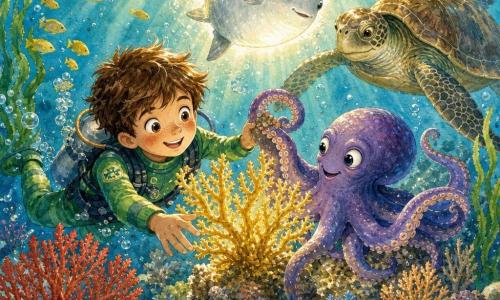 Um menino de 8 anos, rosto redondo com sardas, cabelo castanho desgrenhado e traje de mergulho verde, sorri e estende a mão para um grande coral dourado no centro do recife; ao seu lado, um polvinho amigável roxo com reflexos azuis enrola um tentáculo para ajudar, uma velha tartaruga marinha de carapaça marrom e verde nada lentamente ao fundo à direita observando com calma, e um peixe-lua prateado flutua acima emitindo um brilho nacarado que incentiva; o recife é colorido com corais em leque vermelhos, azuis e amarelos, algas verde-escuro, cardumes de peixinhos amarelos, bolhas prateadas e raios dourados filtrando a água turquesa, criando uma cena dinâmica, alegre e mágica com texturas e reflexos nítidos.