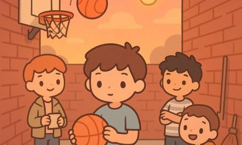 Quatro crianças de 12 anos numa pequena cour entre prédios de tijolo: Tomás, cabelo castanho despenteado, camiseta azul clara, segura a bola de basquete no centro após marcar; Rafa, cabelo curto ruivo, jaqueta kaki, sorri segurando uma folha dobrada à esquerda; Gui, cabelo preto em pontas, camiseta às riscas, braços cruzados com sorriso maroto à direita do cesto; Nuno, cabelo curto, veste com capuz, numa cadeira de rodas estilizada empurrando a roda com energia à direita e um pouco à frente. Ambiente ao entardecer com chão de lajes gastas e folhas, cesta com rede rasgada num muro, vassoura encostada e poste lançando luz laranja suave; a bola atravessa a rede, expressões de incentivo e gestos amigáveis, atmosfera quente e acolhedora de solidariedade e pequena vitória sobre o medo, traços simples e cores quentes.
