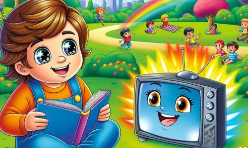 Leo, un niño curioso de 6 años con cabello castaño desordenado y ojos brillantes de alegría, está sentado en la hierba verde del parque, sonriendo ampliamente y sosteniendo un libro colorido en sus manos. A su lado, Pantallín, un televisor sonriente con una gran pantalla de colores vivos, emite una luz suave y cálida, mostrando gran orgullo y felicidad. El parque está lleno de flores brillantes, árboles majestuosos y un cielo azul claro con nubes blancas esponjosas. Niños juegan al fondo, riendo y corriendo, mientras familias hacen picnic sobre mantas coloridas. La escena principal muestra a Leo y Pantallín compartiendo un momento de descubrimiento, donde Leo lee en voz alta una historia emocionante, mientras Pantallín lo anima con destellos de luz alegres, ilustrando la importancia del equilibrio entre el tiempo de pantalla y las aventuras al aire libre.