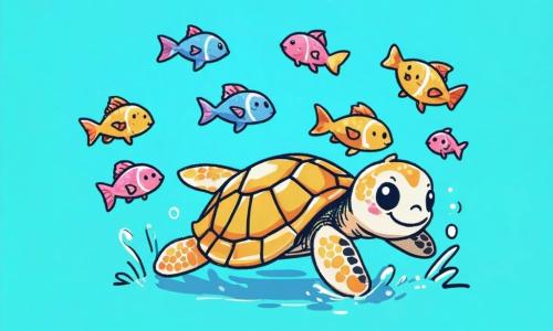 Een klein zeedier, een schattige kleine schildpad met een kleurrijk schild en glanzende ogen, zwemt vrolijk in turquoise water, met een grote glimlach van geluk en vastberadenheid. Naast hem moedigt een jonge zee ster met stralend roze armen en een glimlachend gezicht hem aan door haar armen te zwaaien, vol enthousiasme en steun. Een groep kleurrijke vissen in levendige tinten van blauw, geel en oranje kijkt bewonderend toe, terwijl ze om hen heen drijven in een aquatische dans. De scène speelt zich af in een prachtig koraalrif, waar de kleurrijke koralen een levendig onderwaterlandschap vormen, verlicht door zonnestralen die door het wateroppervlak filteren. De hoofdactie toont de schildpad en de zee ster die samen spelen in een vriendschappelijke race, en vieren de vreugde van vriendschap en de schoonheid van diversiteit, terwijl de andere zeedieren hen enthousiast aanmoedigen.