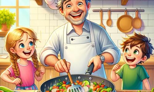A cheerful chef, a man in his fifties wearing a large white hat and a colorful apron, has slightly graying brown hair and a broad smile. He is mixing colorful vegetables in a large pan, looking happy and excited. Next to him, an 8-year-old girl named Lily, with braided blonde hair and sparkling eyes, holds a spatula and watches the chef in awe. She is wearing a pink t-shirt and blue pants. A 7-year-old boy named Sam, with messy brown hair and glasses, stands beside her, laughing as he mimics the sound of the dancing vegetables in the pan, wearing a green t-shirt and shorts. The scene takes place in a bright, welcoming kitchen filled with colorful pots, shiny utensils, and fresh vegetables on a large wooden countertop. Sunlight streams through the window, creating a warm atmosphere. In this illustration, the chef and the children are having fun preparing a delicious dish, sharing laughter and joy in a moment of culinary bonding.