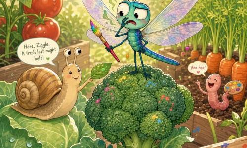 Ziggle, a small painter dragonfly, is centered: iridescent teal body, large translucent wings with purple sheens, round expressive eyes and a slightly disgusted puzzled pout, holding a tiny multicolored paintbrush while perched on a large broccoli head. Sniffle, a friendly snail, is to the left on a cabbage leaf; beige striped shell, calm smile and attentive eyes, offering a leaf in comfort. A comical pink earthworm in the background near a row of carrots chuckles and waves a tiny paint palette. The setting is a bright morning vegetable garden with light wooden beds, shiny red tomatoes, vivid orange carrot rows, dewy green leaves, patches of brown soil and golden light filtering through; the scene shows Ziggle reacting to the smell of broccoli with a curious-disgusted expression as colorful paint droplets float around, Sniffle comforting him—centered composition, warm colors, soft textures, childlike cartoon style.