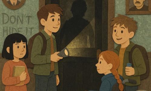 Four children: Mina, 11, black bob, beige notebook held like a talisman, standing left in front of a wooden door; Jay, 12, tousled chestnut hair, khaki jacket, nervous smile, right by a wheelchair wheel, pressing a wrapped candy and looking at the door; Rowan, 12, tall and sturdy, short brown hair, backpack, flashlight on, center front illuminating the threshold; Tess, 11, red braided hair, blue coat, in a wheelchair at the entrance, gently pushing toward the door. Interior porch of an old damp stone house: worn gray-green wallpaper, stern portrait frames, silver candy bowl on a carved wooden table, tarnished mirror above a black door, dark floorboards with reflected light. Tense nighttime scene: the partly open black door lit by Rowan’s warm torch revealing a jagged shadow reflected in the mirror, “DON’T HIDE IT” scratched into the wallpaper, strong contrast between warm torchlight and bluish shadows, collage-like torn edges and layered textures.