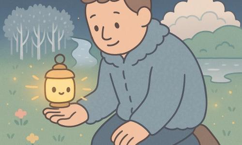 An adult man named Edwin, tall with broad soft hands, kneels in grass wearing a plush gray-blue coat, delicately holding a small glowing lantern that feels like a friendly character emitting warm honey light and floating above his palm with tiny glowing eyes; in the background three distinct paths lead to a silvery forest of slender trees with shimmering leaves, a sleepy river with milky reflections, and a cloudlike hill beneath a velvety midnight-blue sky sprinkled with small round stars and a pale crescent moon; textured green grass with pastel flowers and scattered fireflies; Edwin and the lantern softly illuminate the paths, casting golden ribbons on the grass; palette: soft pastels, fine rounded outlines, warm magical mood.