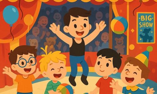 Quatro meninos estão presentes: Léo, um garoto de 7 anos com cabelos castanhos e óculos, sorrindo e levantando os braços; Zé, um garoto de 6 anos com cabelos loiros bagunçados, pulando de alegria com uma bola colorida nas mãos; Tom, um garoto de 5 anos com cabelos negros e uma camiseta vermelha, olhando o trapezista com admiração; e Rui, um garoto de 6 anos com cabelos castanhos e um chapéu de palhaço, rindo enquanto lança outra bola. O local é um circo colorido, com uma grande tenda listrada de vermelho e amarelo, luzes cintilantes e cartazes de shows pendurados. Animais de pelúcia e balões flutuam no ar, enquanto um público alegre aplaude ao redor. A situação principal mostra os meninos ajudando o trapezista, que está prestes a saltar no ar. Eles estão juntos, cheios de excitação e alegria, criando uma atmosfera festiva e mágica sob a tenda.