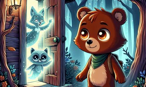 A small brown bear named Benny, with chocolate fur and curious, bright eyes, stands bravely in front of an old abandoned house. His expression is determined, but a glimmer of apprehension shines in his eyes as he looks at the ajar door, ready to enter. Inside, translucent spirits float around him, their ethereal forms shimmering with a soft light. One spirit, a beautiful fox with bright eyes, appears joyful and grateful, while a wise old owl, with gray feathers and round glasses, watches Benny with pride. The scene takes place in a dark, mysterious forest, where tall trees with gnarled trunks rise, their branches intertwining to form a dense canopy. Moonlight filters through the leaves, creating dancing shadows on the leaf-covered ground. Benny stands at the entrance of the house, ready to face the darkness inside, as the spirits encourage him to break the curse that holds them captive. The atmosphere is both eerie and magical, filled with palpable tension and the promise of adventure.