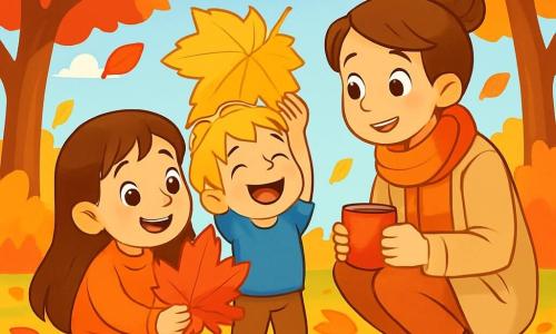 Hay 3 personajes: - Luna: una niña de 6 años con largos cabellos castaños y ojos brillantes. Lleva un suéter naranja y una falda de mezclilla. Está sentada en el suelo, rodeada de hojas de colores, recogiendo una gran hoja roja. - Mateo: un niño de 5 años con cabello rubio despeinado y una sonrisa alegre. Lleva una camiseta azul y pantalones marrones. Está de pie junto a Luna, sosteniendo una hoja amarilla sobre su cabeza como un paraguas. - Mamá: una mujer de unos 30 años con cabello castaño recogido en un moño. Lleva un abrigo ligero y una bufanda colorida. Está agachada cerca de los niños, mirándolos con ternura mientras sostiene una taza de chocolate caliente. El lugar es un jardín otoñal, lleno de hojas de colores brillantes: rojas, naranjas y amarillas. Árboles majestuosos bordean el jardín, con sus ramas balanceándose suavemente en el viento. El suelo está cubierto de hojas crujientes, y el cielo es de un azul claro con algunas nubes blancas esponjosas. La situación principal muestra a los niños jugando alegremente en las hojas, riendo y divirtiéndose, mientras Mamá los observa con una cálida sonrisa. La atmósfera es alegre y llena de magia otoñal, con hojas que vuelan a su alrededor en una danza ligera.