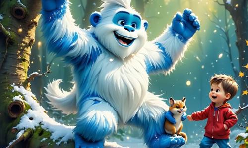 Wesoły i zabawny Yeti o imieniu Fiki-Miki jest przedstawiony z białym futrem, błyszczącymi oczami i dużym uśmiechem. Tańczy na grubej gałęzi drzewa, entuzjastycznie unosząc ręce w górę. Obok niego stoi młody chłopiec, Szymek Wiewór, mała wiewiórka o rudych futrze i bystrych oczach, która śmieje się, żonglując orzechami. Tło to zaczarowany las z ogromnymi drzewami o kolorowych liściach, które zdają się śpiewać, oraz kwiatami tańczącymi na wietrze. Promienie słońca przenikają przez gałęzie, tworząc magiczną i radosną atmosferę. Scena przedstawia Fiki-Miki i Szymka tańczących razem, otoczonych zabawnymi stworzeniami, celebrującymi przyjaźń i radość w wirze śmiechu i kolorów.