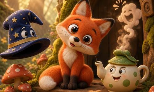 A smiling, surprised small red fox figurine with shiny round eyes, soft plush fur and long whiskers sits on a wooden step tilting its head; a small living teapot rests beside it—round, shiny cream with green spots, wearing a leaf as a hat and emitting fragrant cinnamon steam that forms playful shapes and visual giggles, with a mischievous expression; a dark blue wizard hat with gold stars floats to the fox’s left, empty inside and drifting lost-curious; the scene is at the entrance to an enchanted forest with twisted trunks, thick green moss, red-and-white spotted mushrooms and small yellow flowers, bathed in golden morning rays, evoking a comic, magical mood with warm colors and matte toy-like textures.