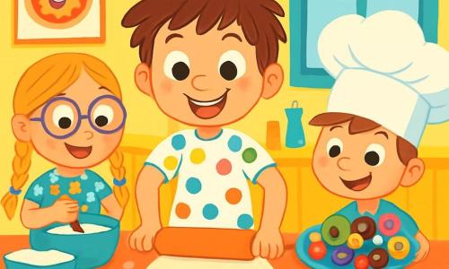 Ci sono 3 personaggi: Gigi, un ragazzo di 6 anni con capelli castani disordinati, un grande sorriso e una maglietta a pois colorati, è al centro con un mattarello pronto a stendere la pasta per la pizza. Lalla, una ragazza di 6 anni con lunghe trecce bionde, occhiali rotondi e un vestito a fiori, è a sinistra di Gigi mentre mescola ingredienti in una grande ciotola con espressione gioiosa. Tommaso, un ragazzo di 6 anni con capelli castani e un cappello da chef troppo grande, è a destra di Gigi con un piatto pieno di guarnizioni strane, come olive giganti e caramelle colorate, con uno sguardo malizioso. La scena si svolge nella cucina di Gigi, colorata con pareti gialle e poster di pizze divertenti. Sulla tavola ci sono ingredienti sparsi: farina, pomodori, formaggio e guarnizioni strane. I tre amici stanno creando la loro 