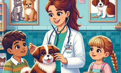 Veterinara, Dr. Elena, este o femeie de aproximativ treize ani, cu părul lung castaniu prins într-o coadă de cal. Poartă un halat alb, zâmbind cu bunătate, în timp ce examinează un cățel mic pe nume Max, un pui adorabil cu ochi strălucitori și blană maro și albă. Lângă ea, Andrei, un băiat de 11 ani cu părul brun zbârlit, observă cu fascinație, având ochii mari, ținând un stetoscop din plastic. Maria, o fetiță de 10 ani cu împletituri blonde, stă puțin mai retrasă, ținând un carnet de schițe, pregătită să deseneze scena. Scena se desfășoară într-o clinică veterinară luminoasă și primitoare, cu pereți vopsiți în albastru pastel, afișe cu animale zâmbitoare și jucării împrăștiate pe podea. Câteva cuști transparente adăpostesc animale în așteptarea adopției, adăugând o notă de viață mediului. Situația principală o arată pe Dr. Elena pregătind pe Max pentru o operație, explicând copiilor importanța îngrijirii veterinare, în timp ce Andrei și Maria ascultă cu atenție, captivați de pasiunea veterinarei pentru animale.