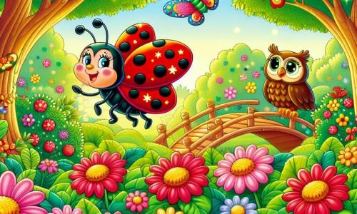Una piccola coccinella di nome Lilli, con un brillante guscio rosso punteggiato di piccoli punti neri, vola felicemente sopra un ponte colorato fatto di foglie e rametti, il suo viso radioso di felicità ed eccitazione. Accanto a lei, una farfalla dalle ali multicolori, Carla, danza nell'aria, aggiungendo un tocco di magia alla scena, mentre un saggio gufo, Tino, posato su un ramo, osserva con un sorriso benevolo, le sue piume marroni e i suoi grandi occhi rotondi brillanti d'intelligenza. Il luogo è un giardino incantevole, pieno di fiori vivaci, grandi alberi verdi e una dolce luce dorata che filtra attraverso le foglie. La situazione principale mostra Lilli e i suoi amici, uniti in uno sforzo gioioso per costruire un ponte solido per aiutare le formiche, simboleggiando amicizia e cooperazione in un contesto vibrante e fiabesco.