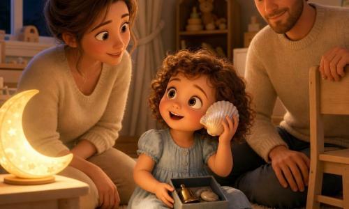 A joyful 2-year-old girl with short curly brown hair, round cheeks and bright eyes sits on a cream plush rug in a light-blue cotton dress and striped socks, holding an open small blue box; her ~28-year-old mother with soft features and a loose bun kneels beside her, holding a shell to the child's ear, while the ~30-year-old father with a light beard and beige sweater sits slightly back with a protective hand on a small chair; the warm cream-walled room has a lamp casting a golden moon-shaped light, wooden toys on a shelf and a light curtain at the window, and the girl, lit by the lamp, discovers a shiny bell, a pearly shell and a smooth pebble and listens to the shell with a look of wonder.