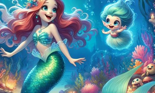 A young mermaid named Marisella, with a beautiful shimmering tail in shades of aqua and emerald, joyfully swims in an underwater garden, her face glowing with curiosity and excitement. She has long wavy coral-colored hair that floats around her like seaweed in the water. Beside her, Pippin, a small swamp sprite, is an adorable character with big round eyes and fluffy fins. He twirls in the water, laughing cheerfully, hovering just above Marisella and adding a touch of magic to the scene. The setting is an enchanting underwater sanctuary filled with glowing corals and colorful sea plants dancing with the currents. At the center, a large tree made of shells and pearls glows softly, creating a fairy-tale atmosphere. The main situation shows Marisella and Pippin discovering the Crystal of Clarity, which sparkles at the bottom of a clear water pool, while a menacing shadow of the sea witch looms above them, ready to try to seize the crystal.
