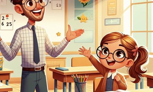 Ein Lehrer, ein etwa dreißigjähriger, lächelnder und herzlicher Mann, steht vor einer bunten Klasse. Er hat leicht lockige braune Haare, trägt eine Brille und ein kariertes Hemd. Mit Begeisterung erklärt er ein mathematisches Konzept und öffnet die Arme, um die Aufmerksamkeit der Kinder zu fesseln. Mia, ein achtjähriges Mädchen mit großen runden Brillen und braunen Haaren, die zu zwei Zöpfen gebunden sind, sitzt an ihrem Tisch mit leuchtenden Augen vor Aufregung. Sie hebt die Hand, um eine Frage zu stellen, ihr Gesicht strahlt Neugier aus. Die Klasse ist mit Holztischen, an den Wänden hängenden Bildungsplakaten und einem Fenster, das Sonnenlicht hereinlässt, gefüllt. Stifte und Bücher sind auf den Tischen verteilt, was eine fröhliche und lernreiche Atmosphäre schafft. Die Hauptsituation zeigt den Lehrer, der die Schüler ermutigt, aktiv teilzunehmen, während Mia, voller Enthusiasmus, sich darauf vorbereitet, ihre Ideen zur Mathematik zu teilen, was den Geist des Lernens und der Kameradschaft in der Klasse verdeutlicht.