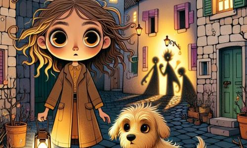 Uma menina de 10 anos, Clara, com grandes olhos curiosos e cabelos castanhos bagunçados, está diante de um velho fotoforo. Seu rosto expressa uma determinação corajosa, enquanto segura uma lanterna na mão, iluminando seu caminho. Ao seu lado, seu cachorro, Lume, um pequeno filhote de pelos dourados, cheira o chão com uma expressão de excitação. O local é uma rua de paralelepípedos da cidade antiga, cercada por casas de pedra com janelas coloridas, banhadas por uma luz suave e misteriosa, enquanto sombras dançam ao seu redor. A cena principal mostra Clara, pronta para descobrir o segredo do fotoforo que se acende misteriosamente, iluminando as silhuetas dançantes dos guardiões das chamas que emergem das sombras, criando uma atmosfera mágica e ligeiramente assustadora.