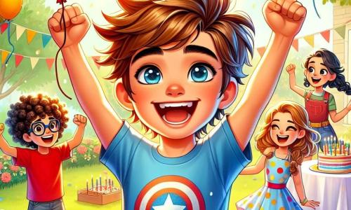 Um garoto de 12 anos, Lucas, está no centro do palco, com um grande sorriso no rosto e os olhos brilhando de excitação. Ele tem cabelos castanhos bagunçados, usa uma camiseta azul com um desenho de super-herói e um short vermelho. Seus braços estão levantados em sinal de alegria, como se anunciasse o início de sua festa de aniversário. À sua direita, sua melhor amiga Ana, uma menina de 11 anos, tem longos cabelos loiros trançados e usa um vestido colorido de bolinhas. Ela está pulando de alegria, com os braços levantados, olhando maravilhada para Lucas. À sua esquerda, Pedro, um garoto de 12 anos com óculos e cabelos negros, segura um balão em forma de estrela e sorri amplamente, pronto para participar dos jogos. A cena acontece em um jardim ensolarado, cheio de balões coloridos flutuando no ar, guirlandas de papel penduradas nas árvores e uma grande mesa decorada com um magnífico bolo de chocolate no centro. Flores vibrantes e uma árvore majestosa acrescentam um toque de magia ao ambiente. Lucas, cercado por seus amigos, anuncia com entusiasmo o início da caça ao tesouro, enquanto um pássaro colorido sobrevoa a cena, adicionando um toque de encanto a esse momento festivo.