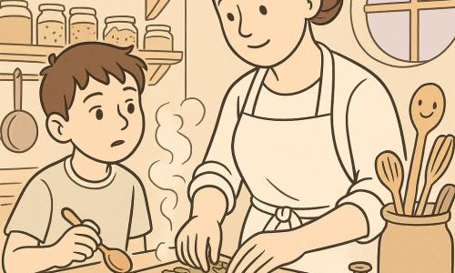 Chef Mara este o femeie adultă cu față rotundă și ochi blânzi, expresie calmă și concentrată, poartă un mare șorț alb, părul șaten prins în coc și dă la o parte delicat frunze de plante de pe o planșetă de lemn în mijlocul unei mese mari. Un băiat ucenic de circa 10 ani, cu păr scurt și privire curioasă, stă în stânga mesei, privind atent și ținând o linguriță de lemn. O lingură veche de lemn, ușor antropomorfizată, stă într-un vas cu ustensile la dreapta, ca un tovarăș nemișcat. Bucătăria restaurantului e spațioasă și primitoare, cu rafturi de lemn pline cu borcane, o fereastră rotundă care lasă o lumină violetă, cratițe atârnate și un cronometru analogic pe tejghea. Scena principală: Mara pregătește cina în centru, cu ingrediente strălucitoare întinse (legume lucioase, făină, lămâie), nori de abur și gesturi precise într-o atmosferă calmă și primitoare.