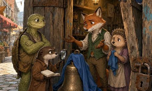 Milo Mink, a small anthropomorphic mink with a determined, focused expression, clean brown coat, notebook in one paw and magnifying glass in the other, leaning over a large bell wrapped in blue cloth in a dim shed; Silas Fox, an elegant fox in a green waistcoat, embarrassed and awkward with a missing button, gesturing by the bell; Hester Hedgehog, a small hedgehog with rounded quills, anxious but remorseful, holding a piece of blue cloth behind Silas; Tansy Tortoise, a sturdy calm tortoise, arms crossed, stern but kind beside Milo as a steady witness; Juniper Jay, a bright blue jay perched on the shed doorframe, alert and ready to fly; setting: narrow cobblestone alley with market stalls visible, weathered wooden shed with an open rusted padlocked door, scattered tools and warm yellow light from the workshop; main situation: discovery of a cracked bell hidden in the shed, honest tension between those who hid it and the young investigators, mood of repair and impending reconciliation; style: clean ink lines, warm colors and visible textures (wood, metal, fabric), readable expressions and dynamic silhouettes.